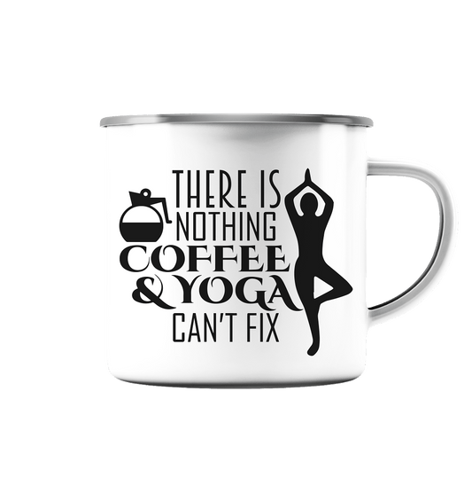 Kaffee & Yoga - Emaille Tasse (Silber)