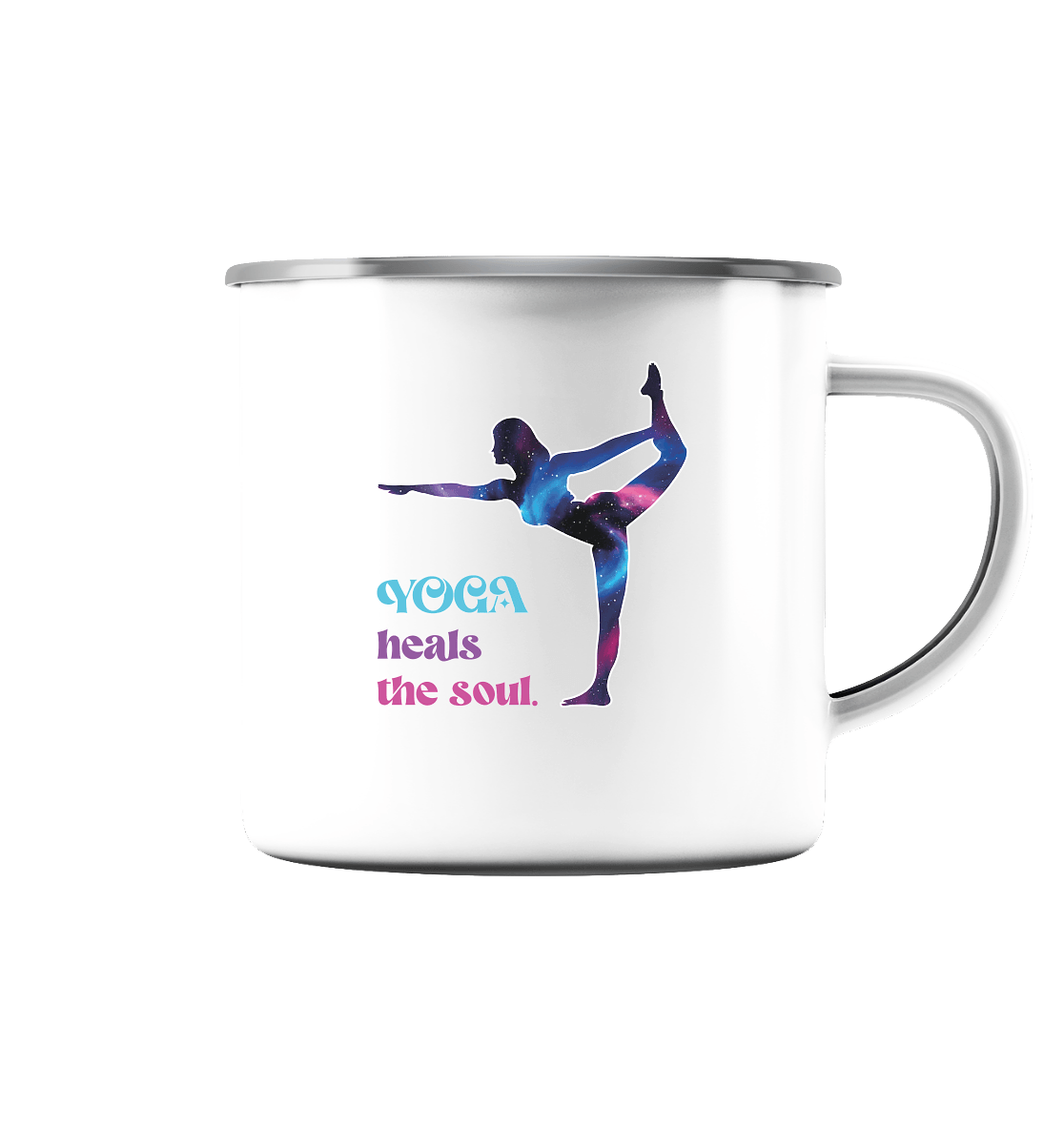 YOGA HEALS THE SOUL - Emaille Tasse (Silber)